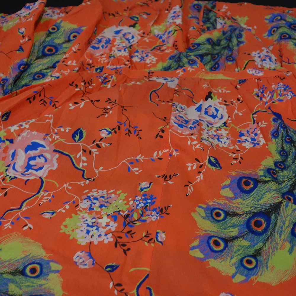 DIVIDED by H & M Size 8 Orange Floral Maxi w/Peacocks Pattern 100% Cotton